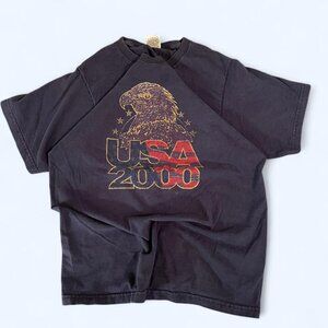 Y2K 2000 USA Eagle Graphic Tee Fruit of the Loom M Navy Blue Vintage Grunge Tee